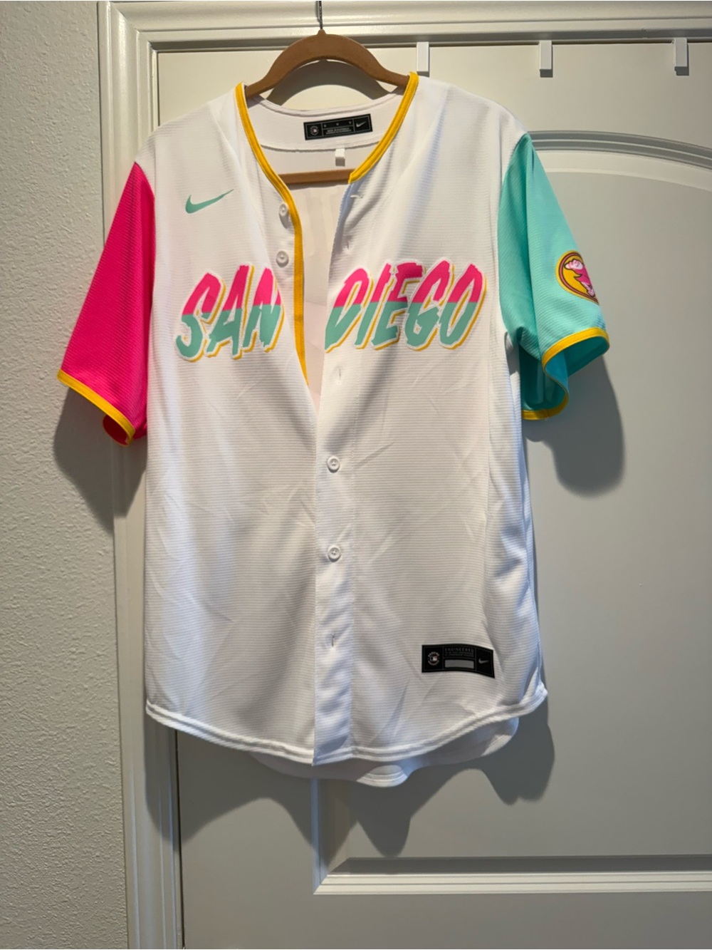 Nike White San Diego Jersey with Pink, Teal & Yellow Trim